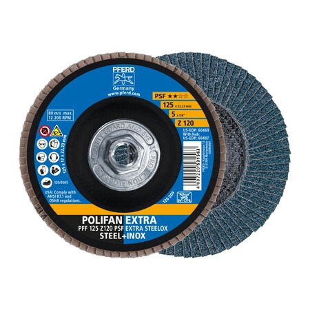 Pferd 5" x 5/8-11 Thd. POLIFAN Flap Disc - Z PSF EXTRA STEELOX, Zirconia, 120 Grit, Flat 60497